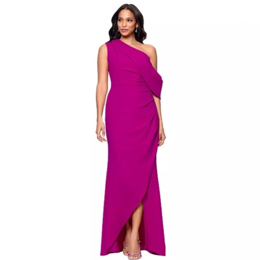 Betsy & Adam Avery Asymmetric Off-The-Shoulder Maxi Gown Fuchsia 4 New Formal